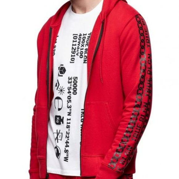 Mens True Religion Red Graphic Sleeve Zip Hood Lg - Picture 1 of 3